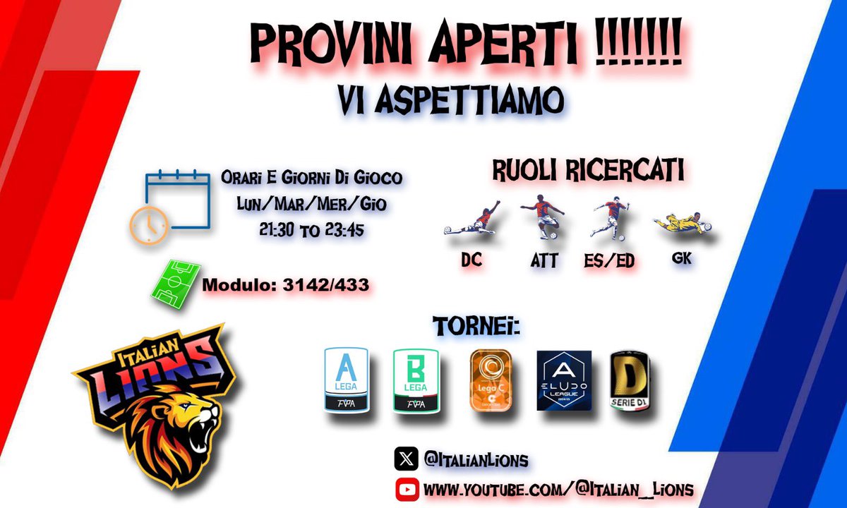 ItalianLions's tweet photo. Cerchiamo se ne esitono ancora DC - Gk!
Campionati:
FVPA 🇮🇹 Serie B  / 🇸🇲 Serie A 
Eludo Serie A
NenSports Serie C
Vpg Serie D1
Modulo: 3142/433
info in privato!! @NewsProclub @RTProClubsITA @pctransfermarkt @RTproclub @RTAllProClub @RetwittoProClub @HouseOfProClub https://t.co/zQdzaFIewe