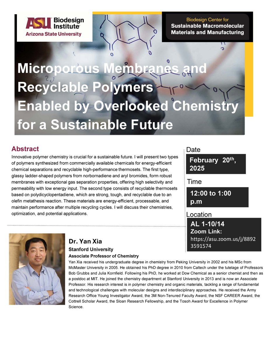 Join us this Thursday for the next SM3 Seminar Series session with Dr. Yan Xia from <a href="/StanfordUChem/">Stanford Chemistry</a>! Dr. Xia will discuss "Microporous Membranes and Recyclable Polymers Enabled by Overlooked Chemistry for a Sustainable Future".  Thanks to <a href="/syensqo/">Syensqo</a> for supporting this event!