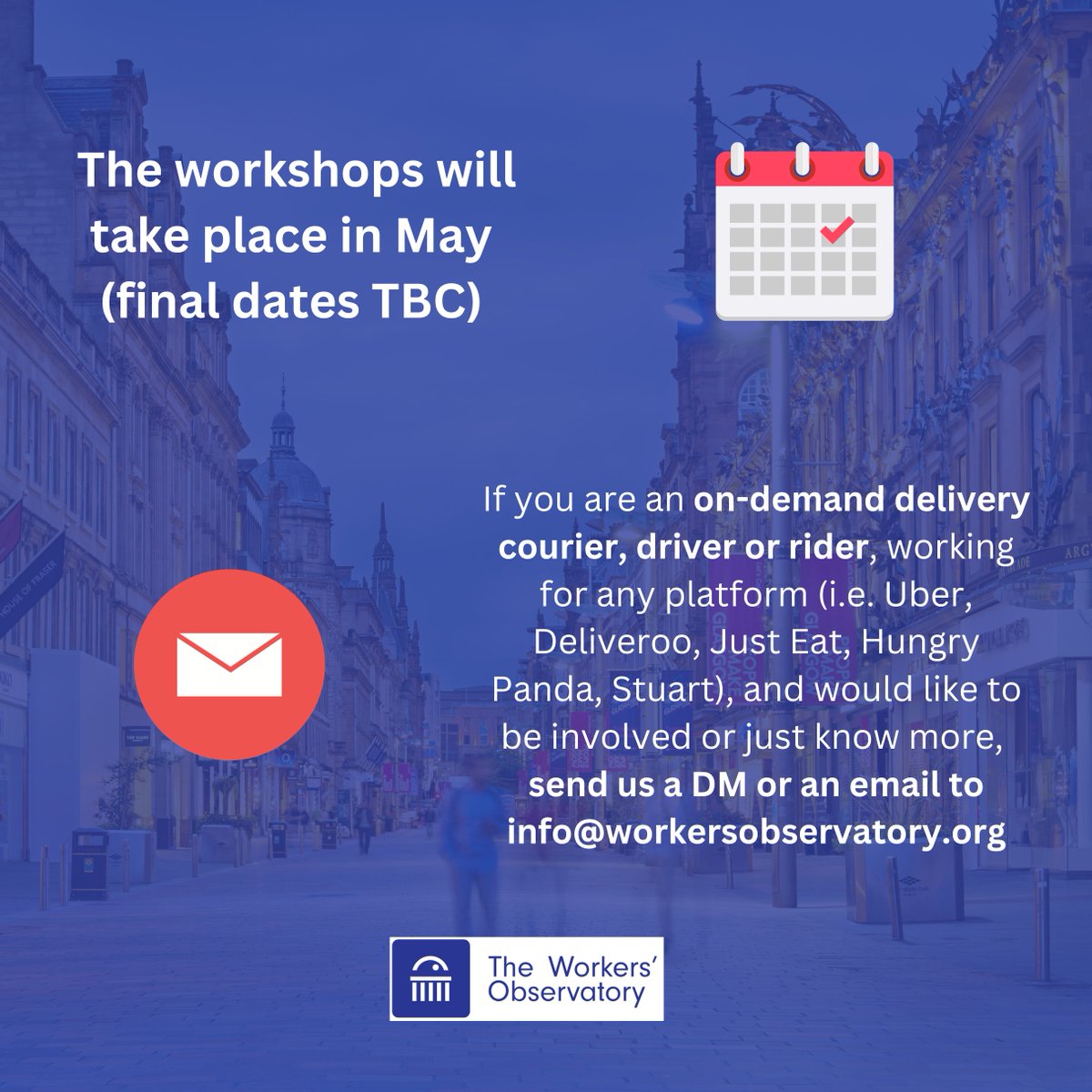 workersobservatory (@workobservatory) on Twitter photo 🔭The Workers Observatory is opening new hubs in Glasgow and Dundee!
📆In May, we´ll organise workshops and free training for delivery riders and drivers.
🤔Do you want to learn more about it?
Do you know someone potentially interested?
📧Email info@workersobservatory.com 🔭The Workers Observatory is opening new hubs in Glasgow and Dundee!
📆In May, we´ll organise workshops and free training for delivery riders and drivers.
🤔Do you want to learn more about it?
Do you know someone potentially interested?
📧Email info@workersobservatory.com