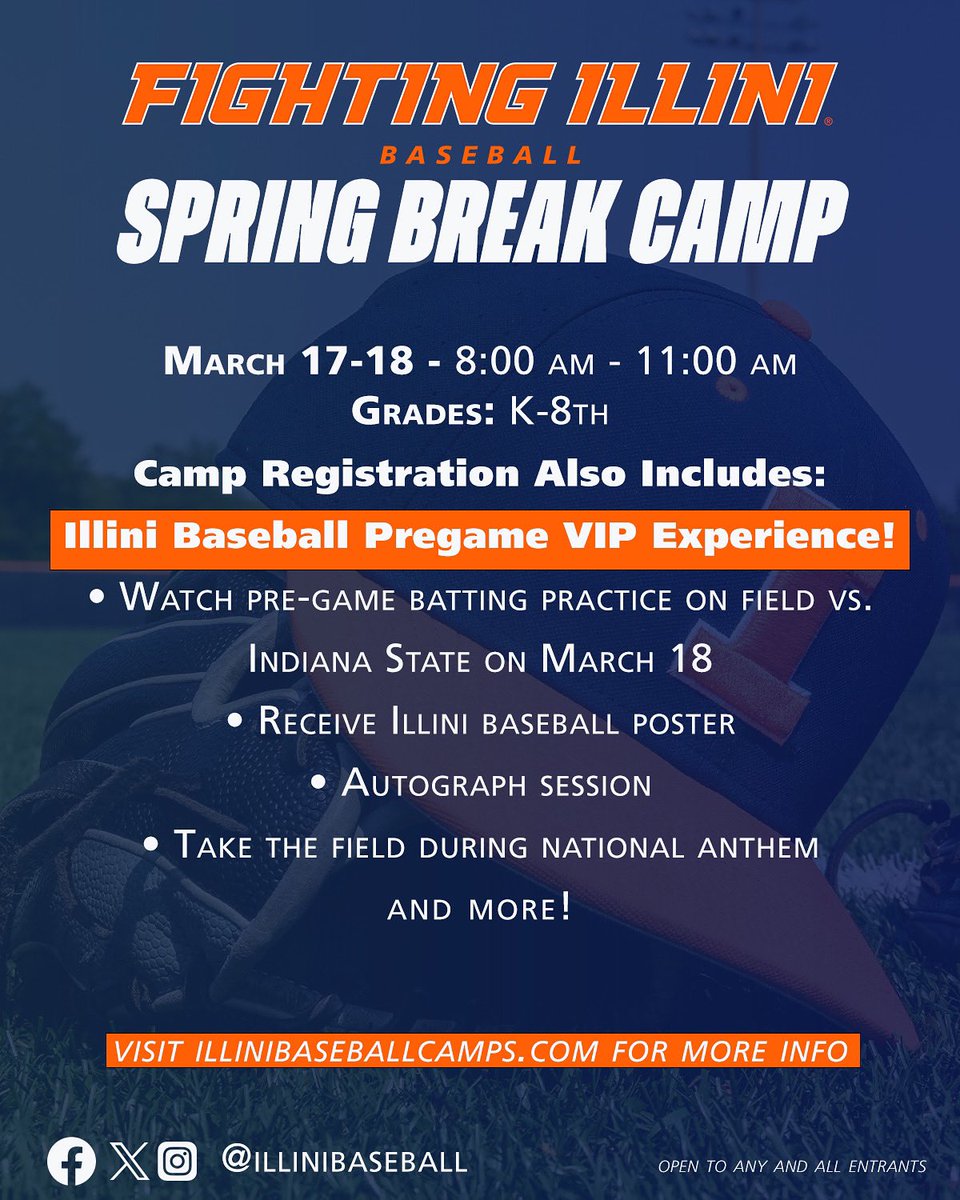 illinibasecamps's tweet image. Sign up for our Spring Break Youth Camp and also receive our exclusive Illini Baseball Pregame VIP Experience. Sign up at illinibaseballcamps.com