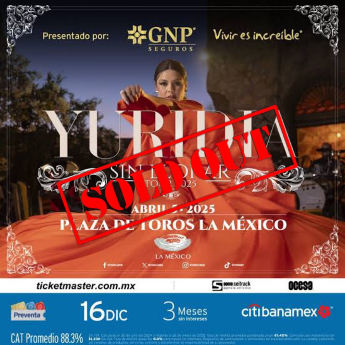 gdlyuridia's tweet photo. ⚠️¡SOLD OUT!⚠️
El concierto de Yuridia(@yuritaflowers) en la Plaza de Toros La México (@LaPlazaMexico) ya aparece SIN DISPONIBILIDAD de boletos.

YURIDIA logró agotar los boletos en 65 días para más de 50mil personas en tiempo récord 😱  

El concierto será dentro de 45 días. 👑 https://t.co/rwGT9qR1KM