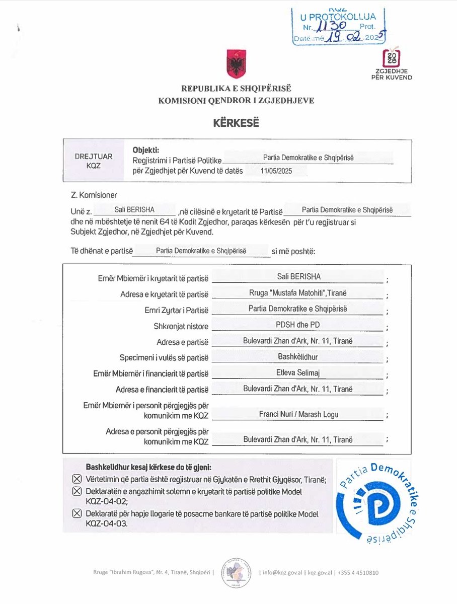 Partia Demokratike ka dorëzuar zyrtarisht kërkesën për regjistrimin në zgjedhjet parlamentare të 11 majit 2025. Suksese Partisë Demokratike në këtë betejë vendimtare për të ardhmen e Shqipërisë dhe shqiptarëve✌🏻
