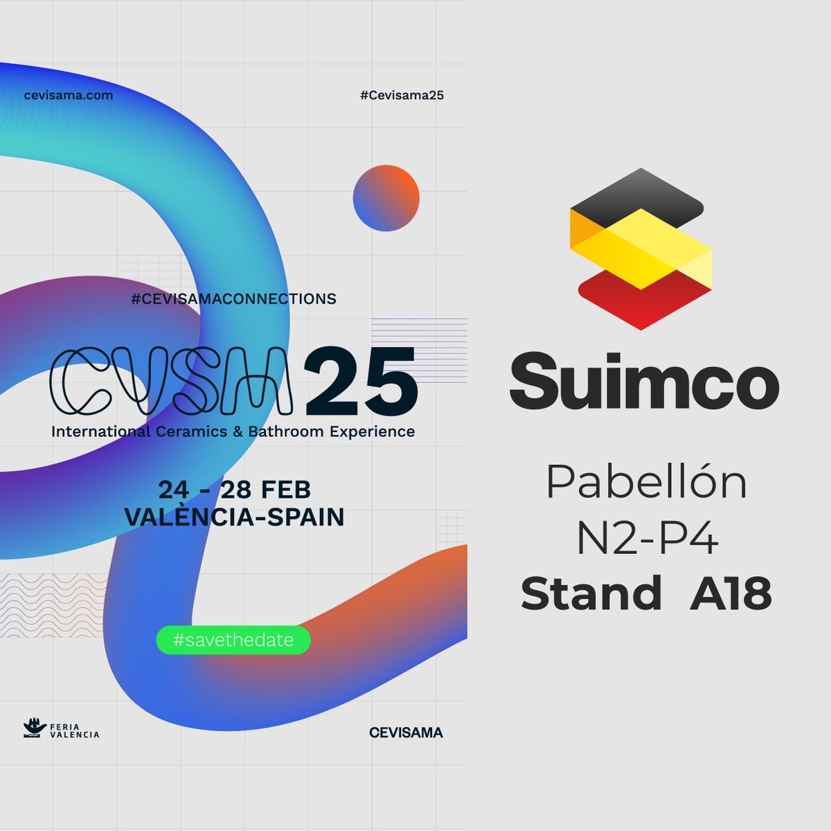 Suimco_Spain's tweet photo. 📷 ¡Gran noticia! Este año participaremos en la Feria Internacional de la Cerámica y Baño.
📷 Ven a visitarnos en el Stand A18 del Pabellón N2-P4 del 24 al 28 de febrero en Feria Valencia. ¡Te esperamos!
#Cevisama25 #CVSM25 #Cevisama #FeriaValencia #Construcción #Feria #Valencia https://t.co/ZP6NpyaNb3