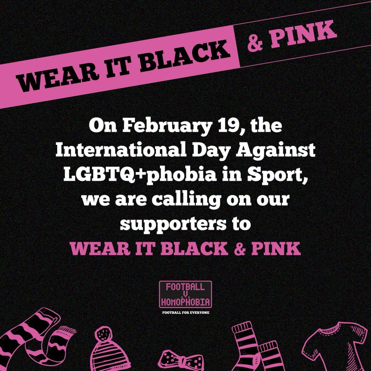 Today marks the International Day Against #LGBTQ+ Phobia in Sport.

To shine a light on the discrimination LGBTQ+ people still experience in sports, I’mwearing Black and Pink combo in support of the <a href="/FvHtweets/">FootballvHomophobia</a> campaign.

#WearItBlackAndPink | #FVH2025 | #NoToHate