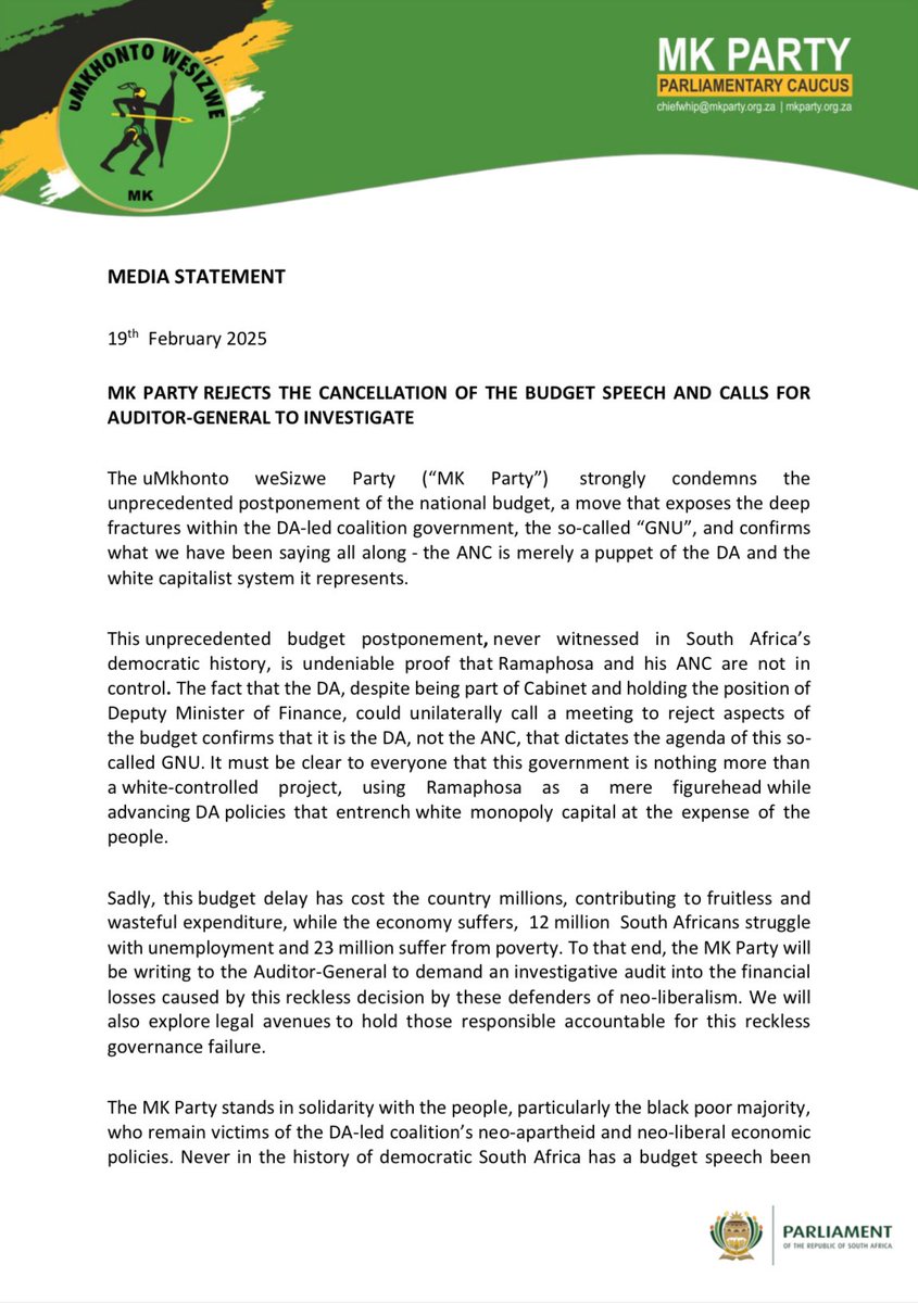 MKPartyy's tweet image. MK PARTY REJECTS THE CANCELLATION OF THE BUDGET SPEECH AND CALLS FOR AUDITOR-GENERAL TO INVESTIGATE.