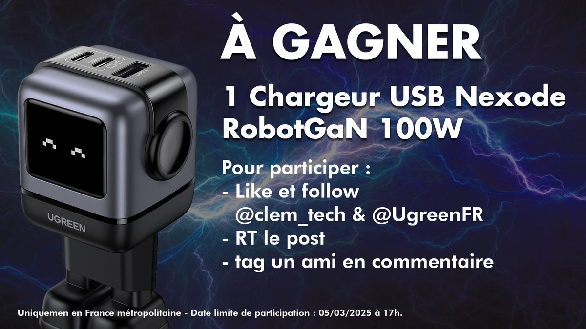 Nouvelle vidéo et #CONCOURS ! 

Chargez et streamez à petit prix avec Ugreen (Nexode RobotGan 100W)

youtu.be/507ORCngevY
youtu.be/507ORCngevY
youtu.be/507ORCngevY

Pour participer : 
- Like + follow <a href="/clem_tech/">Clem & la Tech 🍋📱💻🎧 Trublion des internets</a> &amp; <a href="/UgreenFR/">UgreenFr</a> 
- RT + tag un ami en commentaire !