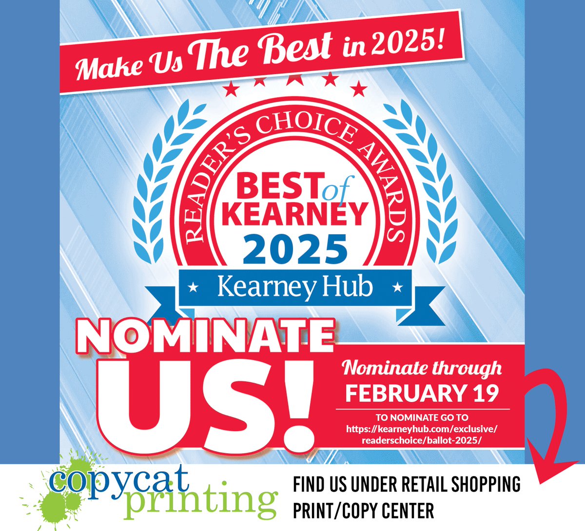 Last day to get your nominations in for Best of Kearney! Please nominate use for your Best Print/Copy Center. (Found under the Retail Shopping Category.)

Go to Kearney Hub's website to nominate!
kearneyhub.com/exclusive/read…