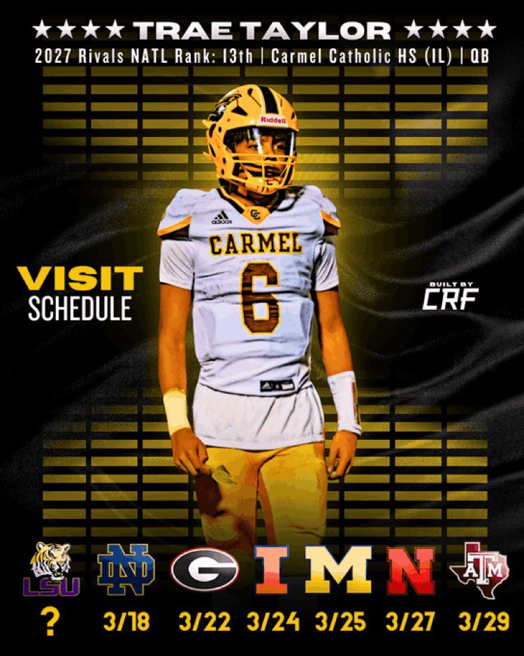 Trae Taylor (@qb6trae) on Twitter photo First off thank you <a href="/BuiltbyCRF/">BuiltbyCRF</a> for the edit. Next here is where I’ll visit this spring as of now. Come April just want to focus on my team, school, and my craft. Then get things squared away with my circle <a href="/LSUfootball/">LSU Football</a> <a href="/NDFootball/">Notre Dame Football</a> <a href="/GeorgiaFootball/">Georgia Football</a> <a href="/IlliniFootball/">Illinois Football</a> <a href="/UMichFootball/">Michigan Football</a> First off thank you <a href="/BuiltbyCRF/">BuiltbyCRF</a> for the edit. Next here is where I’ll visit this spring as of now. Come April just want to focus on my team, school, and my craft. Then get things squared away with my circle <a href="/LSUfootball/">LSU Football</a> <a href="/NDFootball/">Notre Dame Football</a> <a href="/GeorgiaFootball/">Georgia Football</a> <a href="/IlliniFootball/">Illinois Football</a> <a href="/UMichFootball/">Michigan Football</a>