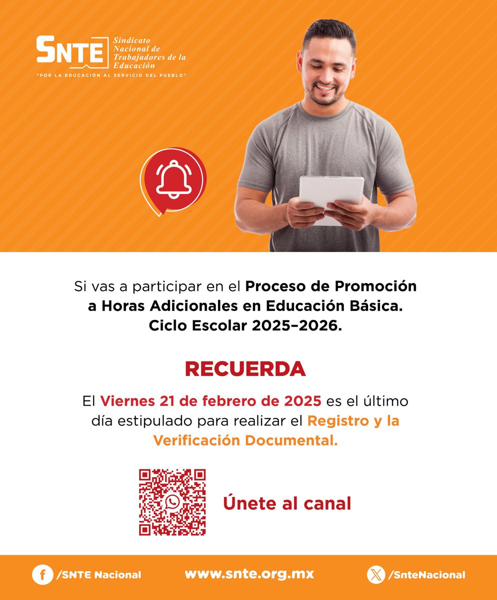 SnteNacional's tweet photo. ¡Atención! 👩🏻‍🏫👨🏻‍🏫

Si participarás en el Proceso de Promoción a Horas Adicionales en Educación Básica para el ciclo 2025-2026, recuerda que el #21deFebrero🗓️ es el último día para registrarte y verificar documentos.📝 https://t.co/A72gudu8pX