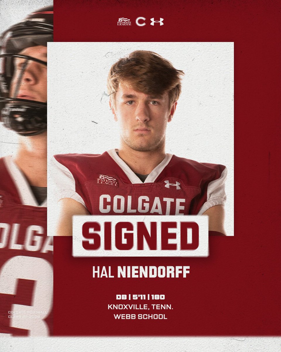 Colgate Football (@colgatefb) on Twitter photo All-around athlete joining the secondary 🚫❌
Tennessee All-State selection <a href="/NiendorffHal/">Hal Niendorff</a> has signed with Colgate!
#GoGate | #DrawTheLine All-around athlete joining the secondary 🚫❌
Tennessee All-State selection <a href="/NiendorffHal/">Hal Niendorff</a> has signed with Colgate!
#GoGate | #DrawTheLine