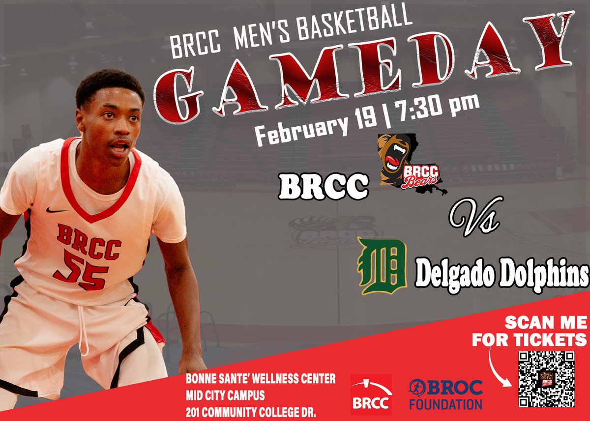 🏀It’s GAMEDAY 🏀
LCCAC Game
🐻🏀🆚Delgado Dolphins
📍Baton Rouge
⏰7:30 pm
🏟Bonne Sante Wellness Center
🎟 brccathletics.com/BRCC_Athletics…
🎥 tsbnsports.com/delgado-vs-bat…

Come out and cheer on your LCCAC Champions

#mob