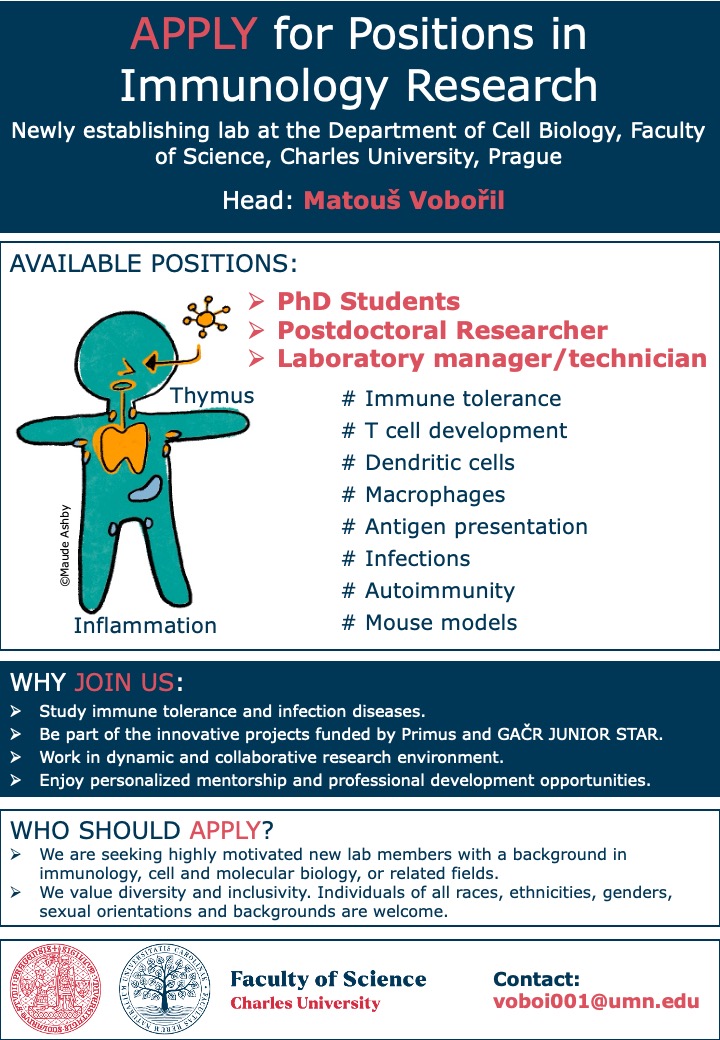 We’re looking for motivated scientists to join our newly forming lab at the Department of Cell Biology, Charles University, Prague, to study central tolerance, immune regulation, and inflammation.

#Immunology #Hiring #ScienceJobs #Tolerance #Inflammation