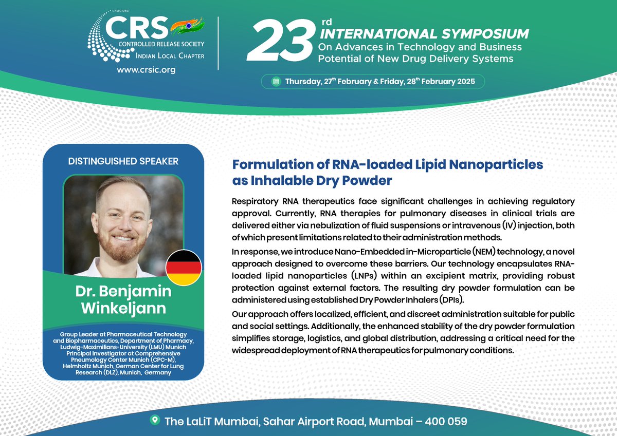 CRS Indian Chapter (@crsindian) on Twitter photo Meet our speaker Dr. Benjamin Winkeljann who will be sharing his insights on formulation of RNA loaded Lipid Nanoparticles as Inhalable dry powder. Joins us next week for amazing scientific sessions at the 23rd CRSIC Annual Symposium in Mumbai.
<a href="/CRSScience/">Controlled Release Society</a> <a href="/CRS_YSC/">Young Scientist Committee YSC-CRS</a> Meet our speaker Dr. Benjamin Winkeljann who will be sharing his insights on formulation of RNA loaded Lipid Nanoparticles as Inhalable dry powder. Joins us next week for amazing scientific sessions at the 23rd CRSIC Annual Symposium in Mumbai.
<a href="/CRSScience/">Controlled Release Society</a> <a href="/CRS_YSC/">Young Scientist Committee YSC-CRS</a>