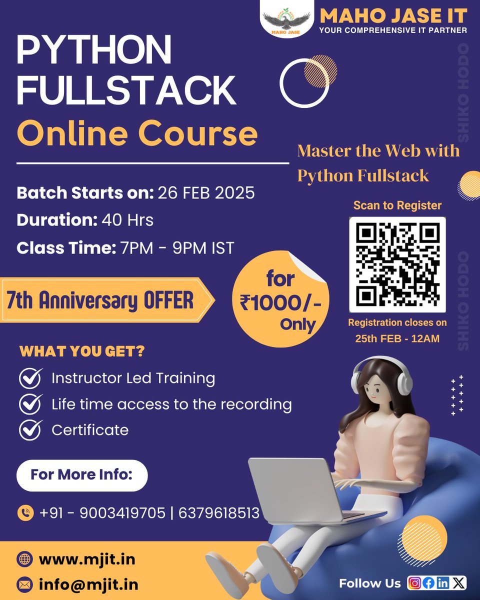 mahojase's tweet image. 🚀 Learn Python Fullstack Web Development for Just ₹1000! 🎉
Kickstart your tech career! 🚀 Earn a Python Fullstack Certification and gain job-ready skills.
#PythonFullstack #FullstackDeveloper #OnlinePythonCourse #ITCourseWithCertification #LimitedTimeOffer #Python