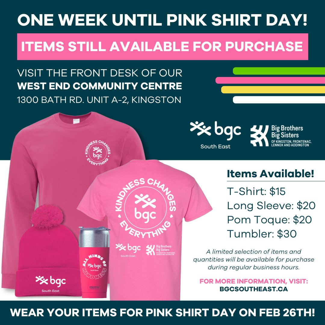 🚨 Only ONE WEEK LEFT! 🚨

You can still purchase your Pink Shirt Day merch in person at our West End Community Centre until February 26th! 💖

Every purchase supports anti-bullying &amp; mentoring programs for over 1,500 local kids &amp; youth. Shop today!