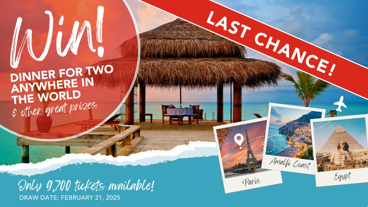 ⏰ TWO DAYS LEFT to Win a Dinner Anywhere in the World: bit.ly/4aSHVwJ

The clock is ticking! ⏳ Want to escape the winter chill &amp; enjoy an unforgettable meal in Greece, Spain, or Rome? This is your last chance to make it happen! 🎉

🎟️bit.ly/4aSHVwJ