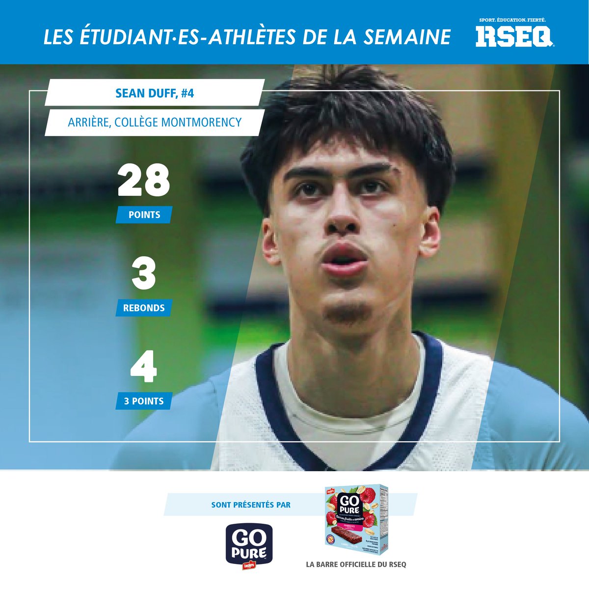 BASKETBALL COLLÉGIAL🏀
Voici les étudiant·es-athlètes de la semaine pour le basketball collégiale D1, présentés par Go Pure , la barre officielle du RSEQ :

⭐️ Mobokoli Mbengo des Cheetahs du Collège Vanier

⭐️ Sean Duff des Nomades du Collège Montmorency

Bravo !
#RSEQ