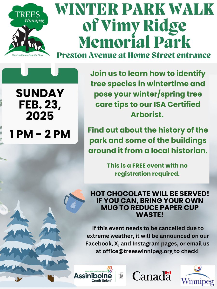 Join us this Sunday at 1 pm for a Winter park Walk of Vimy Ridge Memorial Park. Find out how to identify tree species in the winter and ask any winter / early spring tree care questions of our ISA Certified Arborist.
