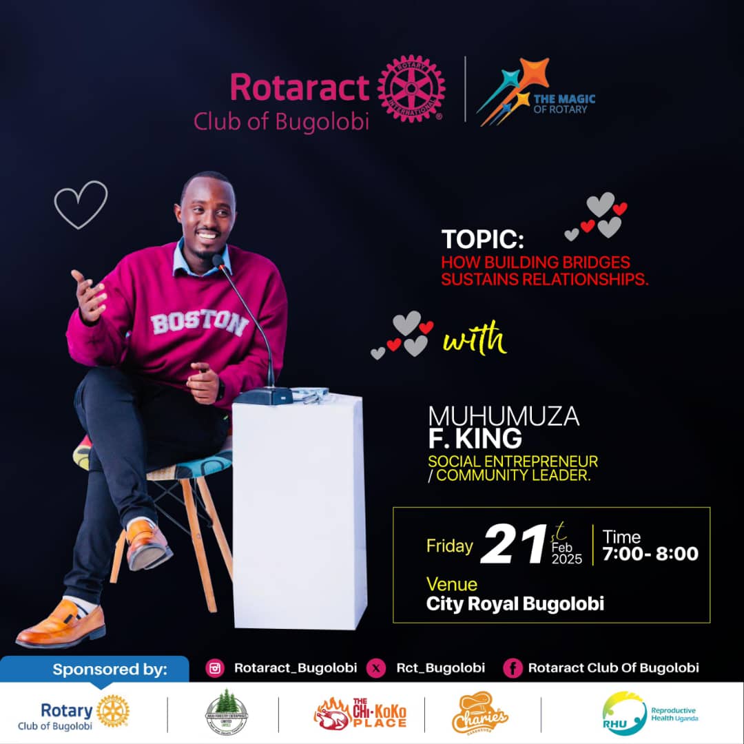 Yes still about the month of LOVE... Join us <a href="/RotaractBugos/">Rotaract Bugolobi (Parody)</a> this Friday from 7:00pm - 8:00pm  at City Royal Hotel- Bugolobi to learn and share with <a href="/MuhumuzaF_King/">Muhumuza Faizo King 🇺🇬</a> 

<a href="/Rotary_Bugolobi/">Rotary Club of Bugolobi</a>