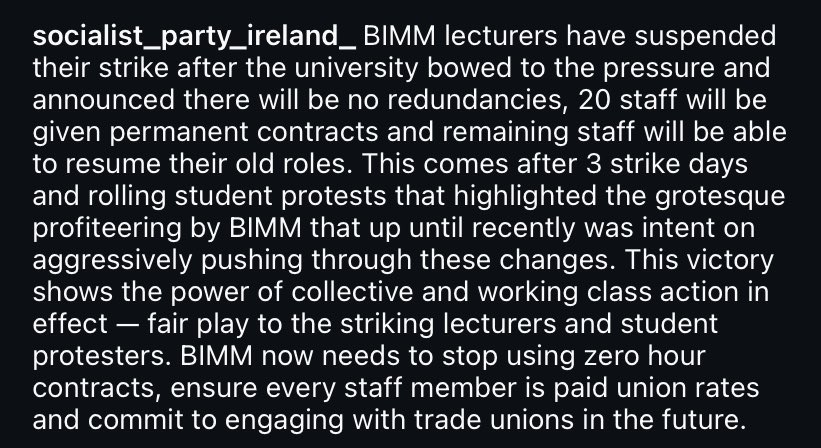 Massive congratulations to lecturers at <a href="/BIMMDublin/">BIMM Dublin</a>. <a href="/BIMM_Institute/">BIMM</a> had to withdraw the pauperisation plan. Strike action has secured a win for the workers! An important lesson for other bosses that workers joining unions and fighting can have an impact. #stoptheracetothebottom