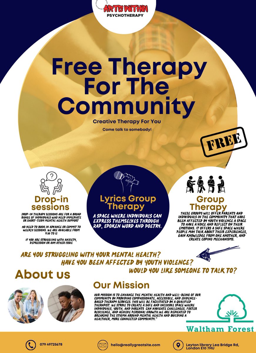 If you have been impacted by youth violence you can access drop in therapy sessions from 9.30am to 12pm at Leyton Library with Arts Within Psychotherapy.