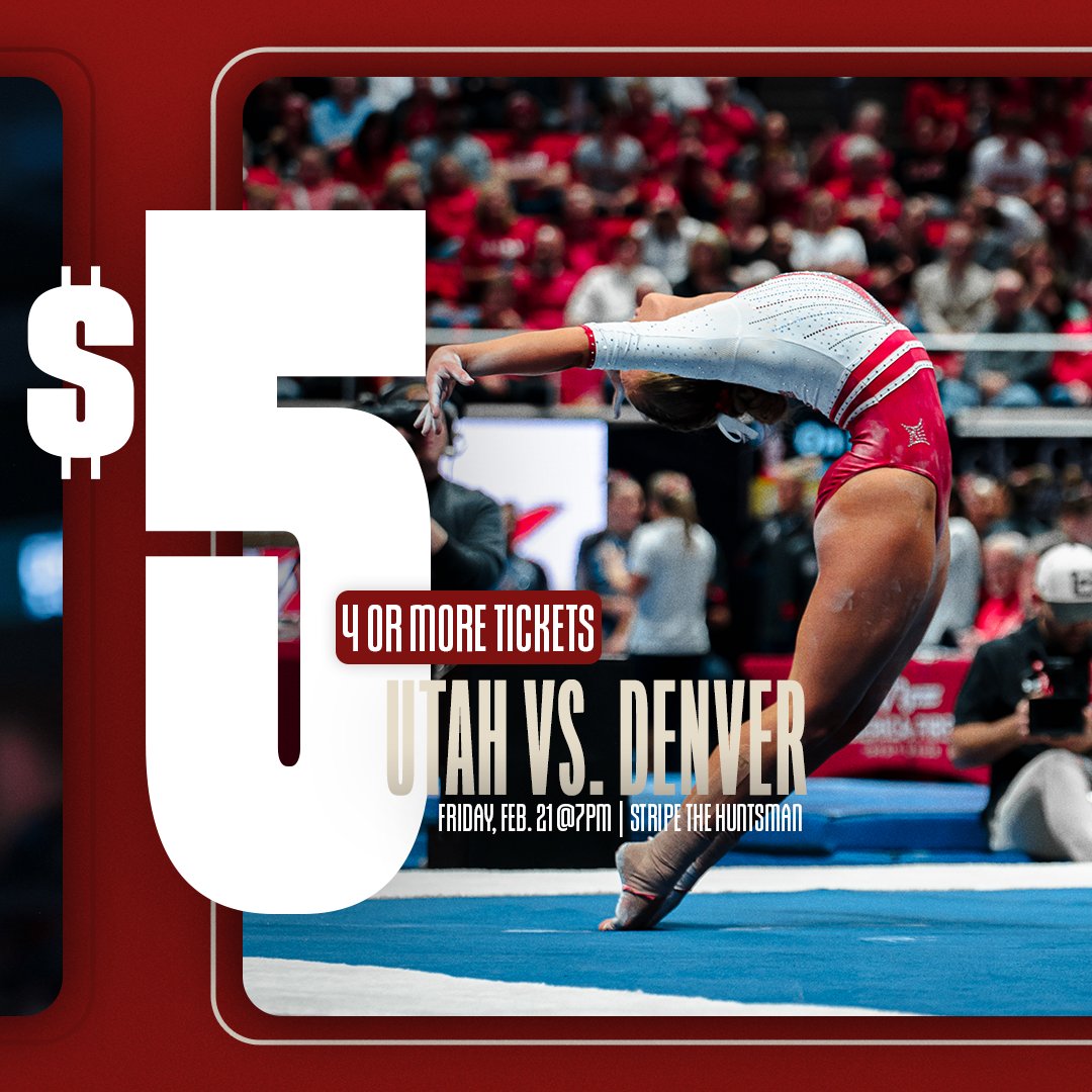 #4 <a href="/UtahGymnastics/">Utah Gymnastics</a> comes back to the <a href="/HuntsmanCenter/">Jon M. Huntsman Center</a> to host the University of Denver this Friday as they "Stripe The Huntsman Center". Don't miss it!

🎟️: fevo-enterprise.com/event/UtahVSDE…

#GoUtes | #RedRocks