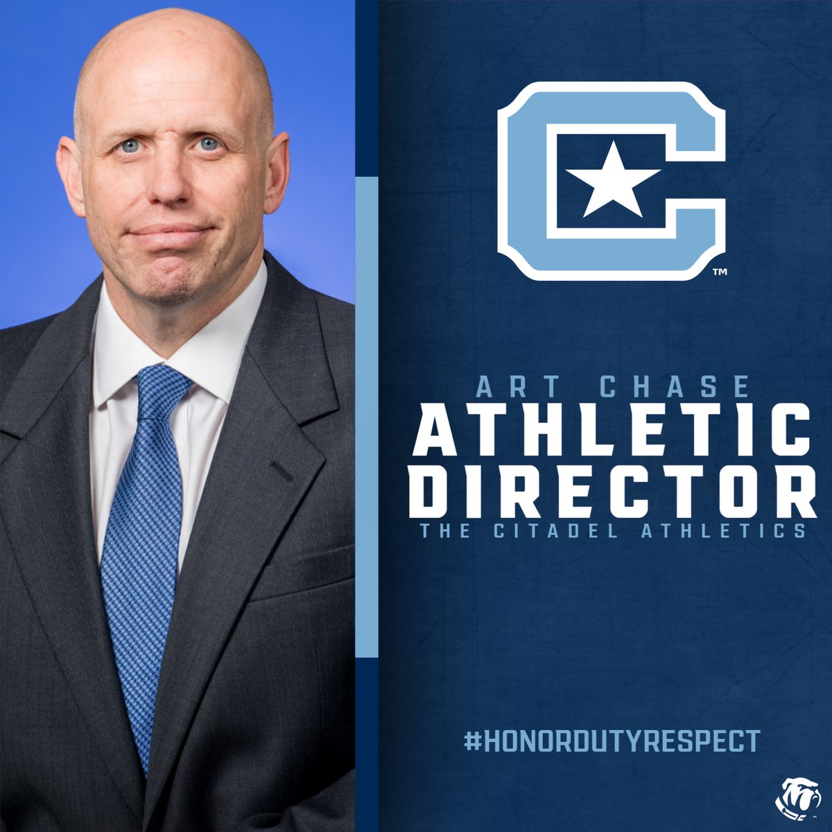 We're proud to officially welcome Art Chase as the 14th Athletic Director here at The Citadel!

Chase, a former member of the Bulldogs' sports information department, returns to Charleston following a 25-year stint with Duke Athletics.

#HonorDutyRespect