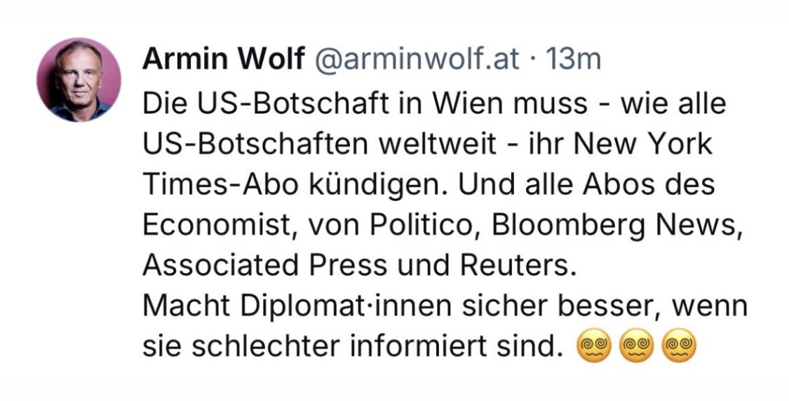 OrthopaeDenker (@dokhollidays) on Twitter photo What??
Alle US Botschaften weltweit müssen ihr New York Times <a href="/nytimes/">The New York Times</a> Abo kündigen.
Ausserdem die von:
<a href="/politico/">POLITICO</a>
<a href="/Bloomberg/">Bloomberg</a>
<a href="/AP/">The Associated Press</a>
<a href="/Reuters/">Reuters</a>
Ich sag es ja: Die Matrix ist real!
🤡
<a href="/ArminWolf/">Armin Wolf</a> What??
Alle US Botschaften weltweit müssen ihr New York Times <a href="/nytimes/">The New York Times</a> Abo kündigen.
Ausserdem die von:
<a href="/politico/">POLITICO</a>
<a href="/Bloomberg/">Bloomberg</a>
<a href="/AP/">The Associated Press</a>
<a href="/Reuters/">Reuters</a>
Ich sag es ja: Die Matrix ist real!
🤡
<a href="/ArminWolf/">Armin Wolf</a>