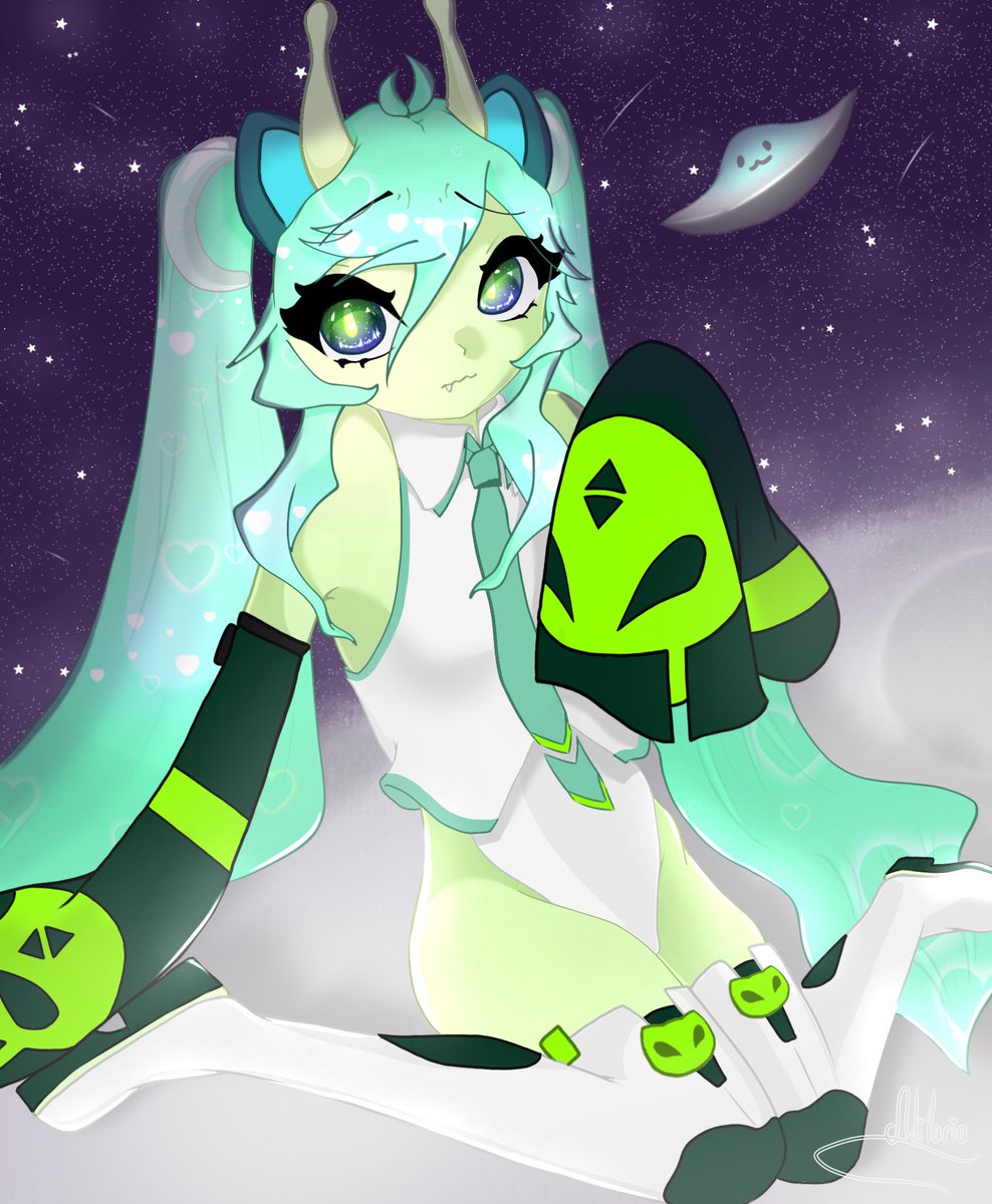 MilariaVT's tweet photo. Why does the alien saucer look like a stingray? Don't ask, I don't know the answer to this question myself.

I drew it for a recent trend that was launched by @dyarikku  :з

#GlorpiMiku #HatsuneMiku #Miku #art https://t.co/34Ql5I14Zx