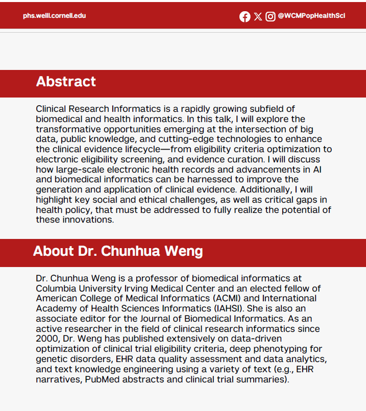I am super delighted to welcome Professor Chunhua Weng for a talk tomorrow at noon! Excited to hear her insights and expertise—don't miss this opportunity to learn and engage. See you there!  #HISeminar  #health_informatics  #EHR  #RWE #AI4Health