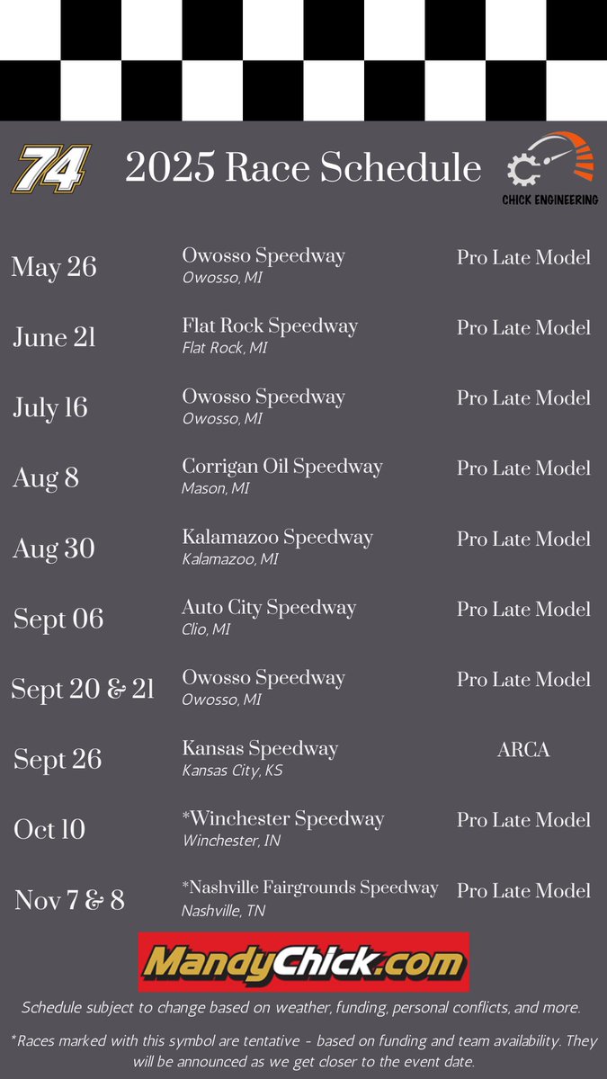 It’s been a wild start to the year, but we’ve got our preliminary 2025 schedule compiled and we’re READY to kick off our race season! 🏁 We’re pumped to hit the road and race at some incredible tracks on the <a href="/JEGSPerformance/">JEGS Performance</a> <a href="/CRAracing/">CRA Racing</a> tour! 💥

We’re also teaming up with Brandon