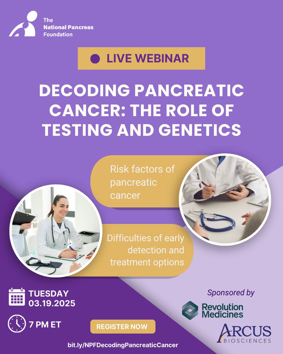 The National Pancreas Foundation (@natpancfdn) on Twitter photo 📢 Join us for an insightful webinar where our expert panel will discuss the role of testing and genetics in pancreatic cancer. 🩺
💻 Register now: bit.ly/NPFDecodingPan…
Thank you to <a href="/arcusbio/">Arcus Biosciences</a> and Revolution Medicines for sponsoring this webinar!
#pancreaticcancer 📢 Join us for an insightful webinar where our expert panel will discuss the role of testing and genetics in pancreatic cancer. 🩺
💻 Register now: bit.ly/NPFDecodingPan…
Thank you to <a href="/arcusbio/">Arcus Biosciences</a> and Revolution Medicines for sponsoring this webinar!
#pancreaticcancer