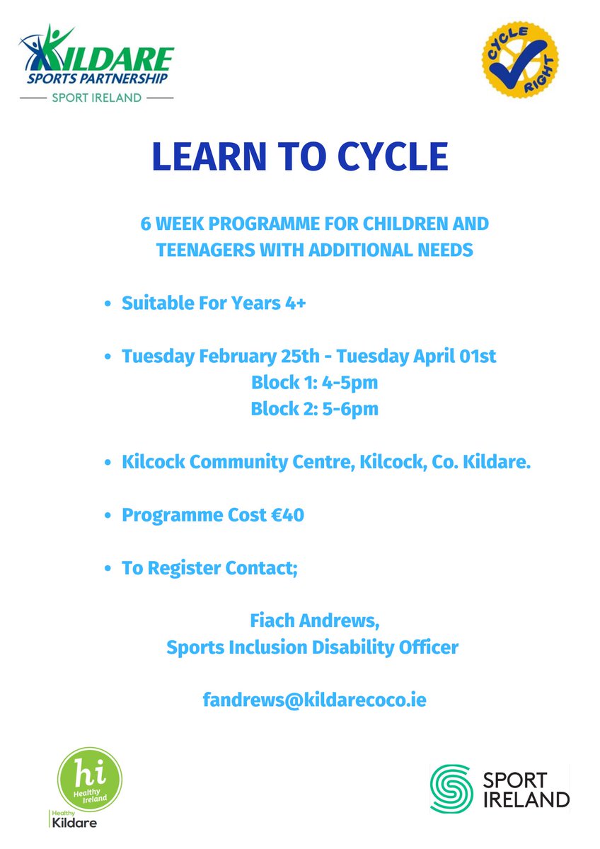 Maynooth Access Group (@access_maynooth) on Twitter photo 🚲🚲Learn to cycle is back and this time it’s based in Kilcock Community Centre.🚲🚲.A 6 week programme for children and teenagers with additional needs.Learn to cycle registration link forms.office.com/e/e8dDML18Su #inclusion <a href="/ReadaCronin/">Réada Cronin TD 🇮🇪🇵🇸</a> <a href="/cllrAngelaFny/">Cllr. Angela Feeney</a> <a href="/ClaneUtdAFC/">Clane United AFC</a> <a href="/maynoothbns/">Maynooth BNS</a> 🚲🚲Learn to cycle is back and this time it’s based in Kilcock Community Centre.🚲🚲.A 6 week programme for children and teenagers with additional needs.Learn to cycle registration link forms.office.com/e/e8dDML18Su #inclusion <a href="/ReadaCronin/">Réada Cronin TD 🇮🇪🇵🇸</a> <a href="/cllrAngelaFny/">Cllr. Angela Feeney</a> <a href="/ClaneUtdAFC/">Clane United AFC</a> <a href="/maynoothbns/">Maynooth BNS</a>