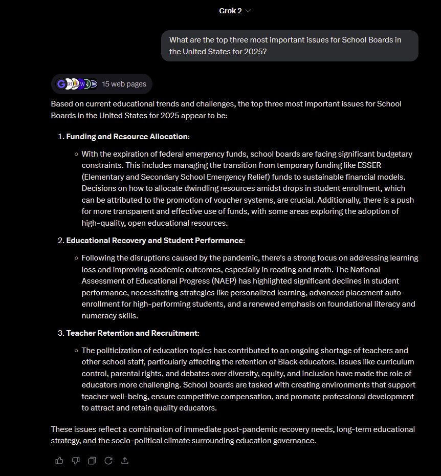 Queried Grok 2 on the #3 most important issues for School Boards in the #UnitedStates for 2025. See if you agree. =)