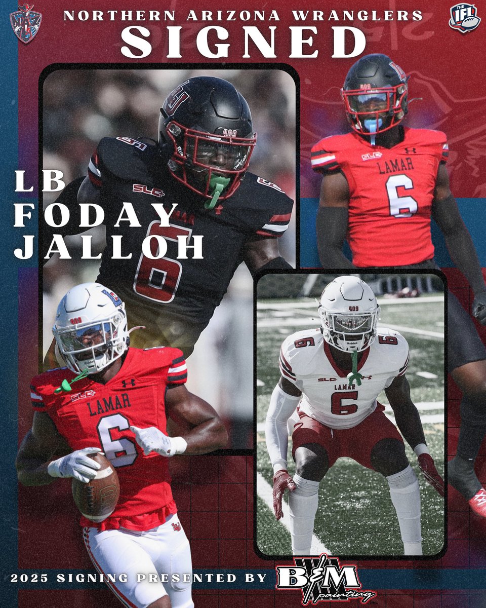 The Wranglers have signed LB Foday Jalloh!🏈💪Welcome to the squad, <a href="/only1_fo/">Foday Jalloh 🇸🇱</a> ! 🤝 Read the story through the link below! ⬇️🤠 This signing is presented by B&amp;M Painting!

nazwranglers.com/news/2025/2/19…

<a href="/IndoorFL/">Indoor Football League</a> 
<a href="/FindlayCenter/">Findlay Toyota Center</a>