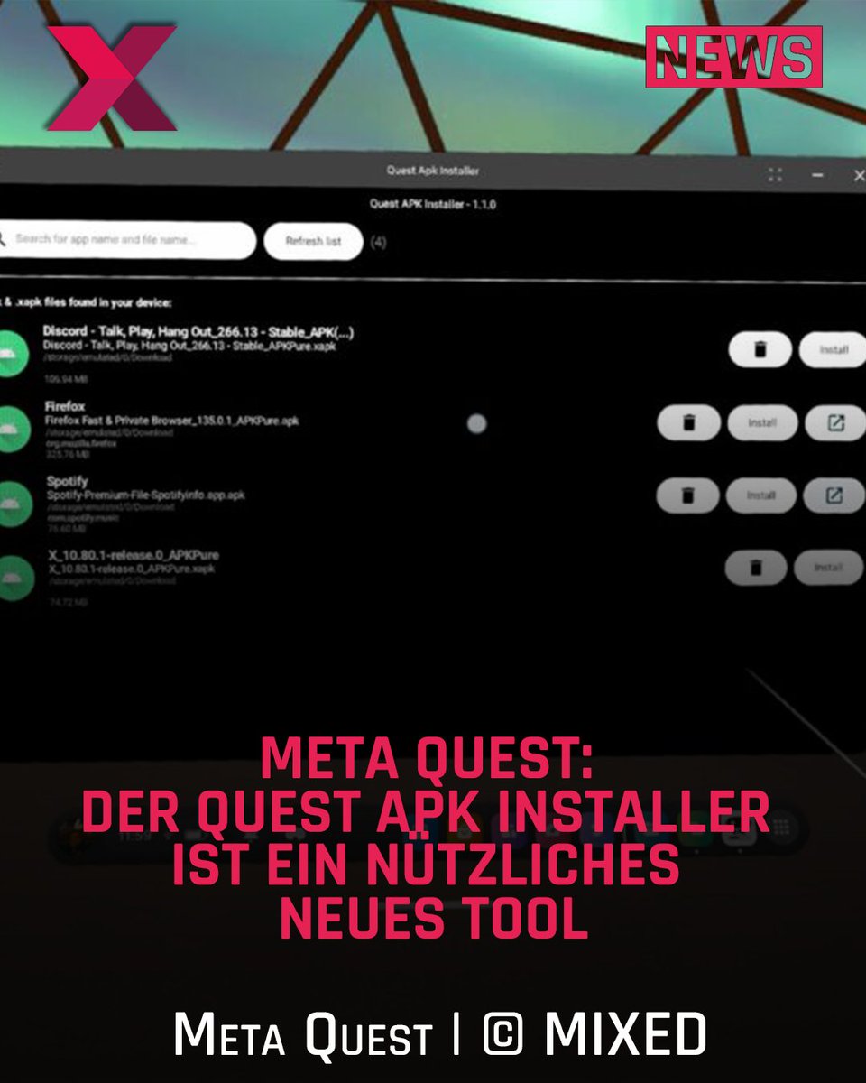 S4G_de's tweet image. Quest APK Installer macht #Sideloading auf #MetaQuest zum Kinderspiel! Apps wie #Spotify &amp;amp; #Discord ohne PC installieren - das neue Tool vom QGO-Entwickler machts möglich 🎯

Den vollständigen Artikel findet ihr in den Antworten.