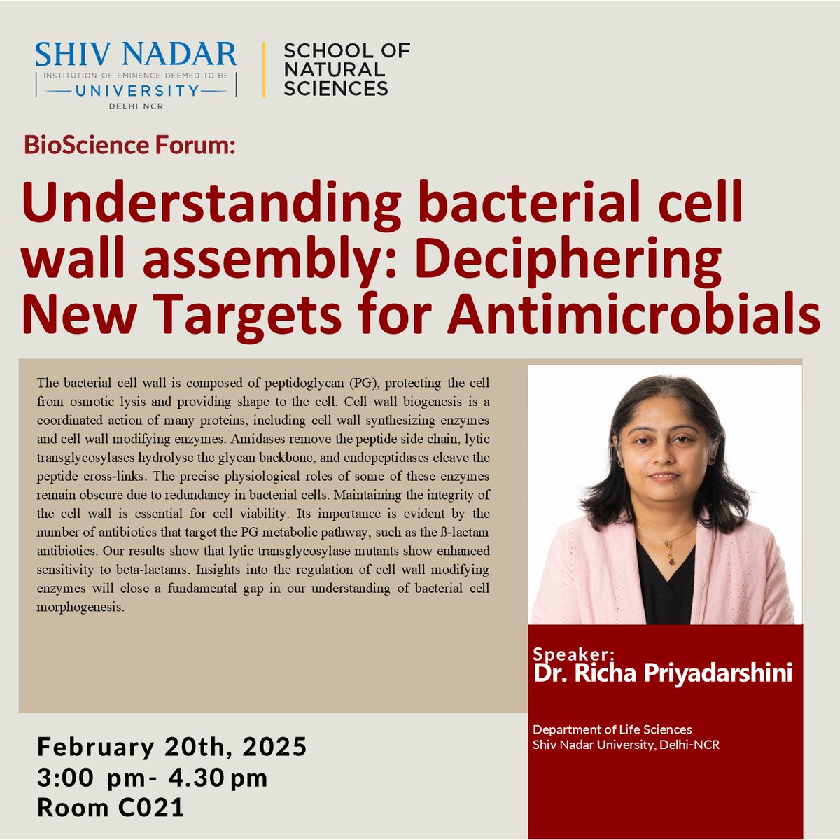 dls_snioe's tweet photo. #BioScienceForum
Join us today for a discussion on #bacterialcellmorphogenesis by Dr. Richa Priyadarshini and insights into the regulation of cell wall modifying enzymes.
#betalactams #antibiotics #cellbiology https://t.co/dUqMGH7MSS