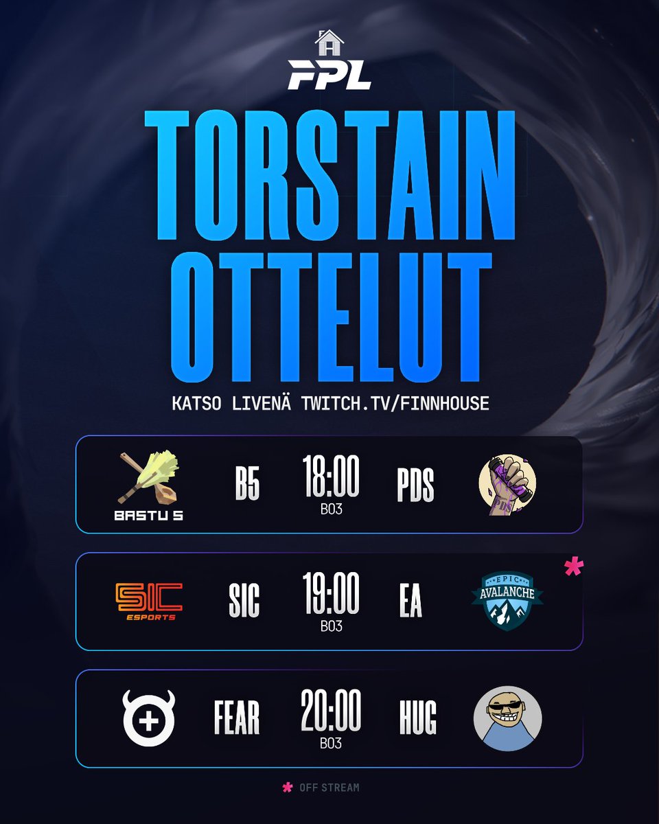 Torstaille tekemistä😼

<a href="/bastufive/">Bastu Five</a> VS <a href="/petenvirma/">Peten Tekoäly ja Tiktok-tanssikoulu</a> 
twitch.tv/finnhouse

<a href="/SICesportsFI/">SIC esports</a> VS <a href="/EpicAvalanche/">Epic Avalanche</a> 
twitch.tv/snikke_lol

<a href="/paniikki/">FEAR+</a> VS <a href="/HuutisGaming/">Huutis Gaming</a> 
twitch.tv/finnhouse

#OLEPELOTON