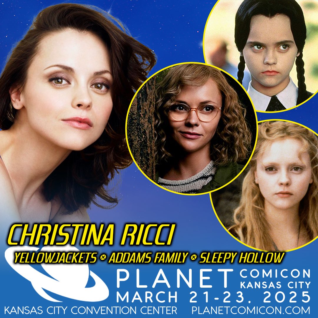 PlanetComicon's tweet image. 🦇"Be afraid. Be very afraid." Planet Comicon Kansas City is thrilled to announce that Christina Ricci, the actress who brought Wednesday Addams to life, will be joining us Saturday & Sunday, at the Kansas City Convention Center!