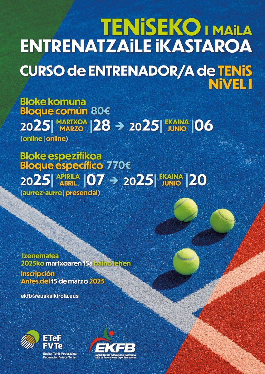 🎾 Ireki da I. Mailako Tenis Entrenatzaile Ikastarorako izenematea! 
Bloke komuna (Online): Martxoaren 28tik - Ekainaren 6 ra(80€)  
Bloke espezifikoa (Presentziala): Apirilaren 7tik - Ekainaren 20ra (770€) 
Izenematea martxoaren 15a baino lehen: ekfb@euskalkirola.eus