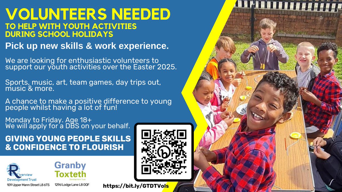 Would you to get work experience whilst making a difference in your community? We have a fantastic opportunity to support youth activities this Easter. Expenses provided.
Contact us on bit.ly/GTDTVols 🙏🙏🙏
#volunteer #workexperience #youthwork