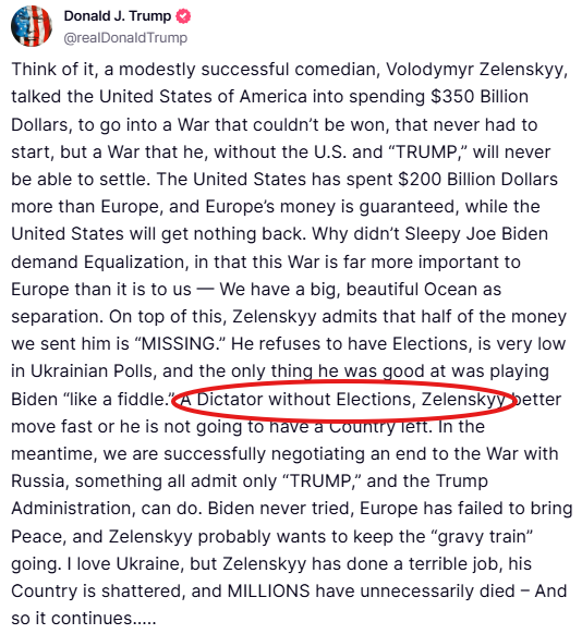 Per chi non avesse ancora capito il mondo in cui siamo, Trump, che ha definito Putin uno statista interessato alla pace, ora chiama Zelensky "un dittatore"
