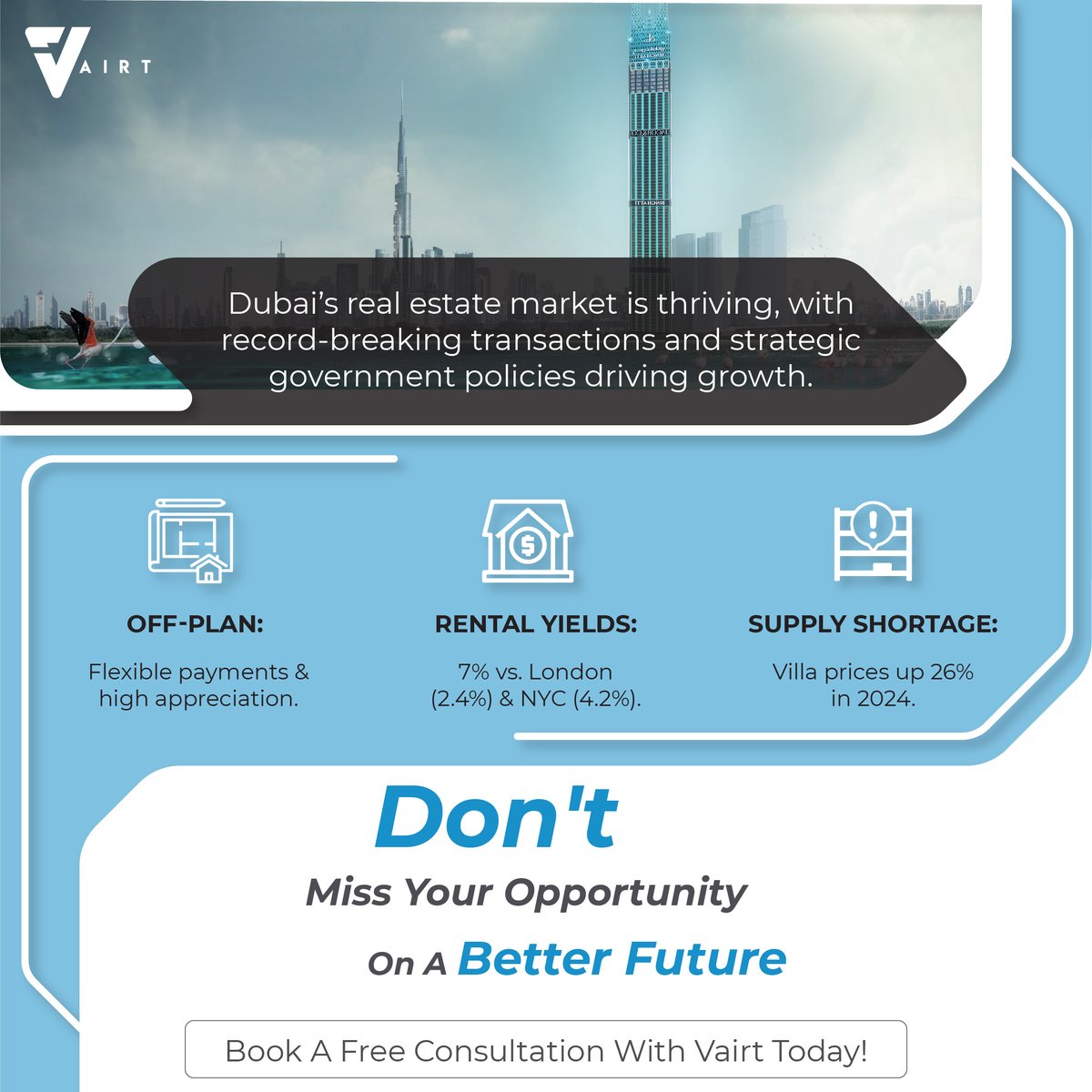 Dubai’s real estate is booming!
Off-Plan – Flexible payments
Rental Yields – 7% 
Villa Prices – Up 26% in 2024
Don't miss out! Book a FREE consultation with Vairt today!shorturl.at/SN2Lt
#DubaiRealEstate #InvestInDubai #WealthBuilding #SmartInvesting #PassiveIncome #Vairt