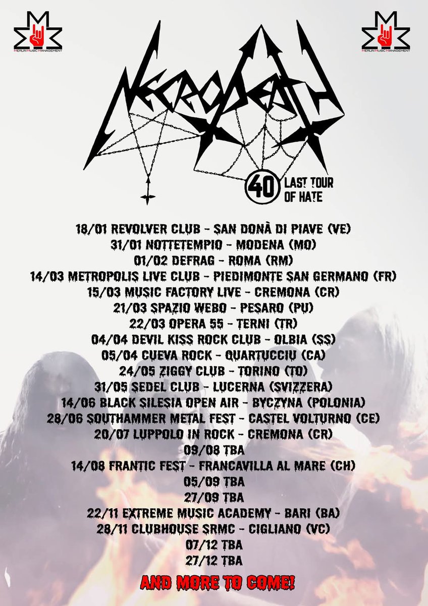 Be there!
Write to merlinmusicmanagement@gmail.com for the latest holes
#necrodeath #official #thelasttourofhate #40thanniversary #thrashblackmetal #italianthrashblackmetal #since85 #peso #flegias #pier #gl