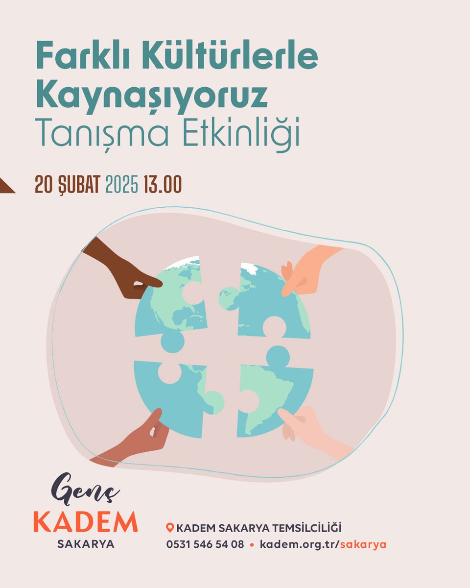 🌍 Kültürler Buluşuyor, Dostluklar Güçleniyor! 🤝

Farklı kültürleri keşfetmek veyeni insanlarla tanışmak için harika bir fırsat! 🎉

📅 20 Şubat 2025
⏰ 13.00
📍 KADEM Sakarya Temsilciliği