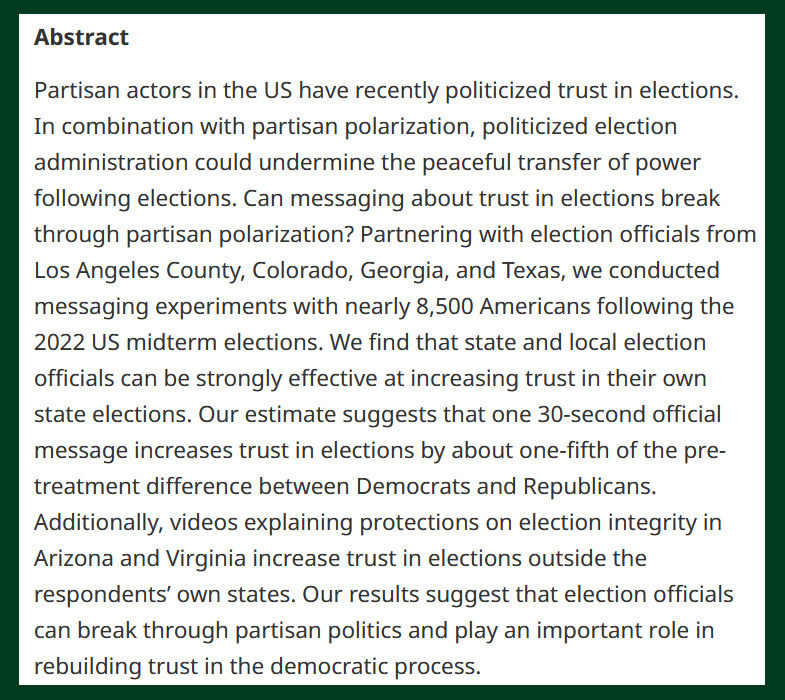 British Jnl Poli Sci (@bjpols) on Twitter photo NEW -
Can Official Messaging on Trust in Elections Break Through Partisan Polarization? - cup.org/431onog
- <a href="/jengaude/">Jen Gaudette</a>, <a href="/seth_j_hill/">Seth Hill</a>, <a href="/ThadKousser/">Thad Kousser</a>, <a href="/lockhartm/">Mackenzie Lockhart</a> & <a href="/MindySRomero/">Mindy Romero</a>
#OpenAccess NEW -
Can Official Messaging on Trust in Elections Break Through Partisan Polarization? - cup.org/431onog
- <a href="/jengaude/">Jen Gaudette</a>, <a href="/seth_j_hill/">Seth Hill</a>, <a href="/ThadKousser/">Thad Kousser</a>, <a href="/lockhartm/">Mackenzie Lockhart</a> & <a href="/MindySRomero/">Mindy Romero</a>
#OpenAccess