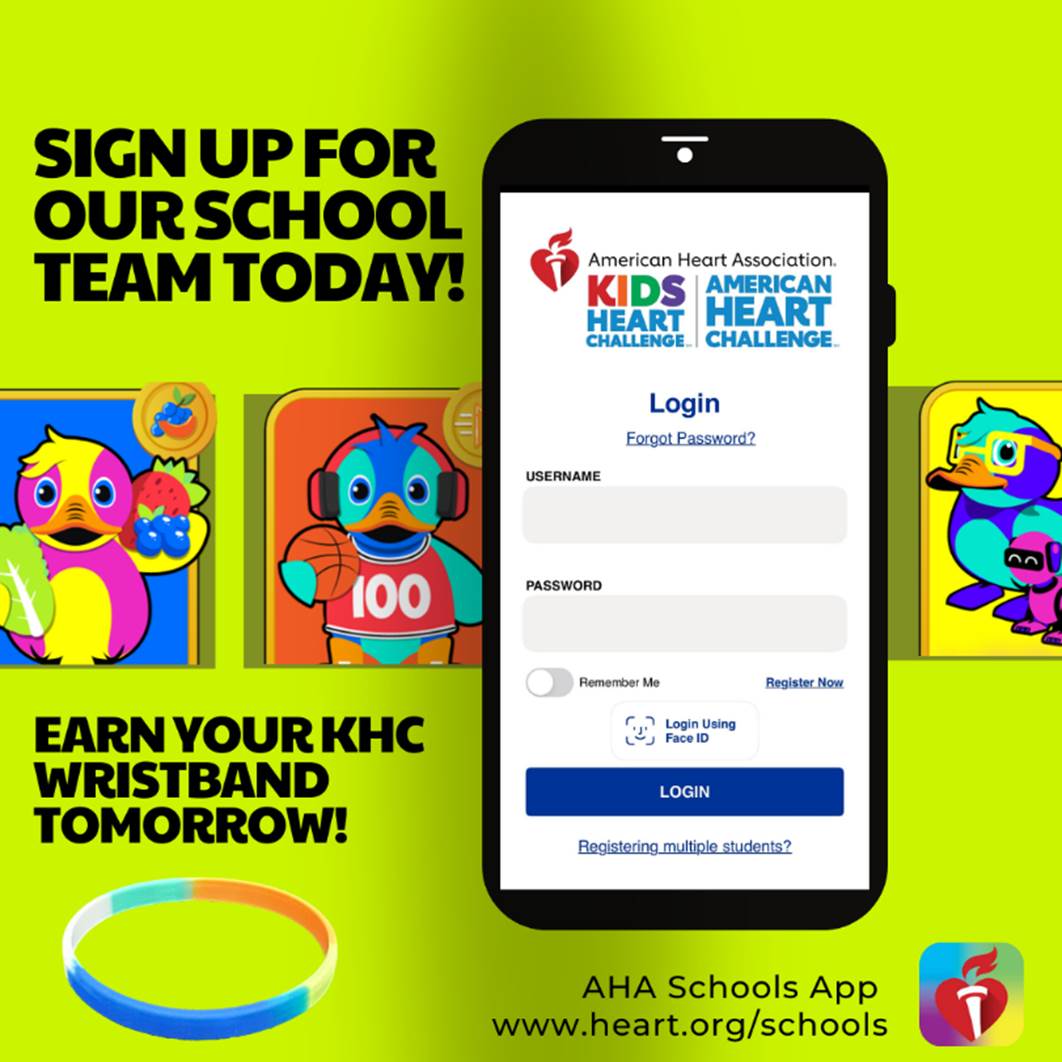 1.      Challenge yourself to keep your heart healthy!  Take the first step and sign up on our school's Kids Heart Challenge page!
2.     Then send messages from your KHC page to friends and family to spread heart health awareness far and wide!
www2.heart.org/site/TR?fr_id=…