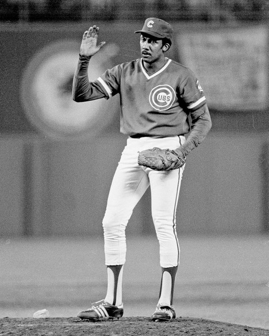 Fergie Jenkins waves to the crowd in San Diego after collecting his 3,000th strikeout on May 25, 1982. He is wearing a road Cubs uniform. 