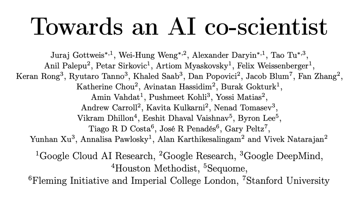Vivek Natarajan (@vivnat) on Twitter photo I am convinced if we get this right and do it well, such AI systems like the AI co-scientist will have a profound impact on humanity.
Together with a stellar team across <a href="/GoogleAI/">Google AI</a>, <a href="/GoogleDeepMind/">Google DeepMind</a> and <a href="/googlecloud/">Google Cloud</a>.
Its been an immense pleasure to work with such incredible, kind I am convinced if we get this right and do it well, such AI systems like the AI co-scientist will have a profound impact on humanity.
Together with a stellar team across <a href="/GoogleAI/">Google AI</a>, <a href="/GoogleDeepMind/">Google DeepMind</a> and <a href="/googlecloud/">Google Cloud</a>.
Its been an immense pleasure to work with such incredible, kind