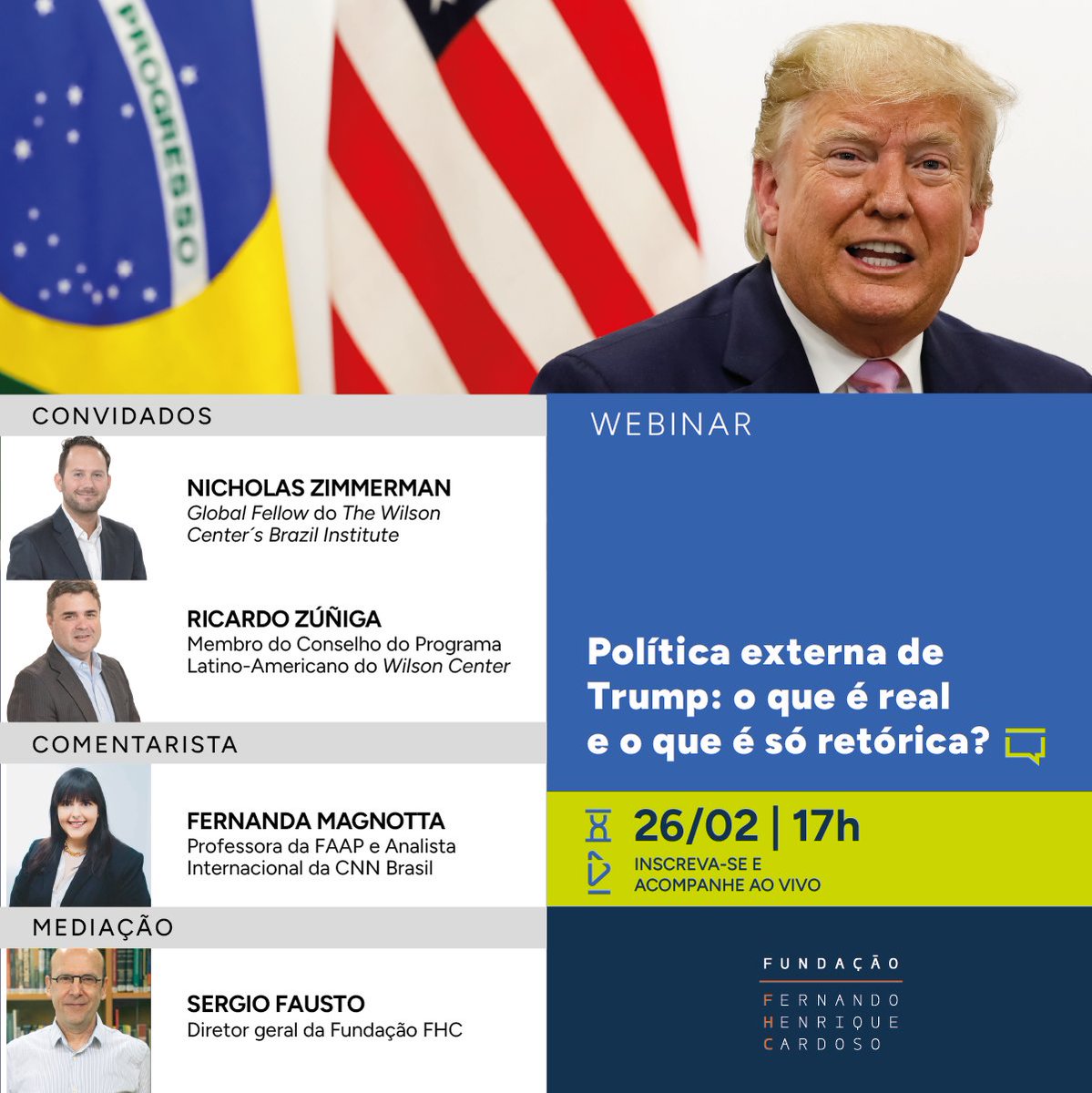 Na próxima quarta-feira, dia 26, às 17h, a Fundação FHC realiza um webinar para discutir a política externa dos Estados Unidos. Vamos conversar com Nicholas Zimmerman e Ricardo Zúñiga, dois analistas americanos, e <a href="/fermagnotta/">Fernanda Magnotta, PhD</a>, professora brasileira com larga experiência na área